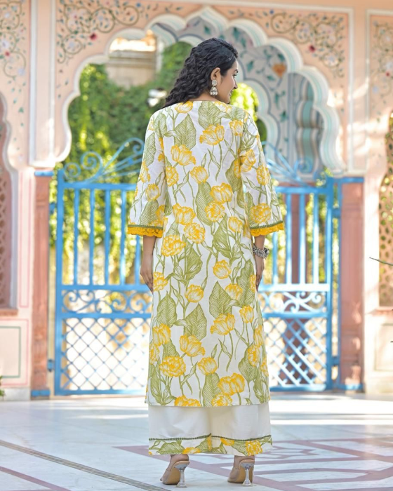 Yellow Floral Print 3 Pcs Suit