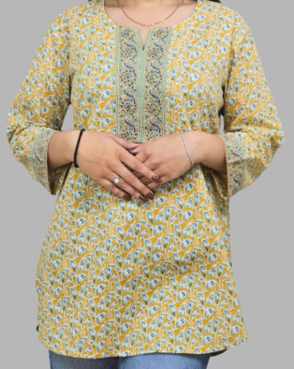 Yellow Green Katha Handwork Kurti for women