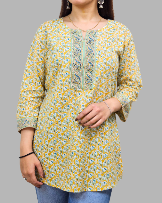 Yellow Green Katha Handwork Kurti for women