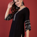 Black V Neck Embroidered Tunic Top