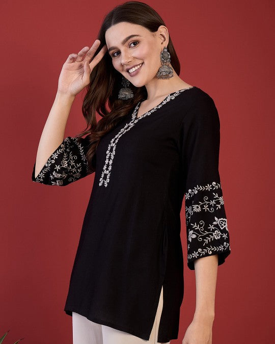 Black V Neck Embroidered Tunic Top