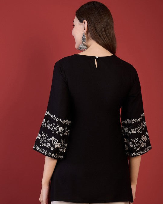 Black V Neck Embroidered Tunic Top
