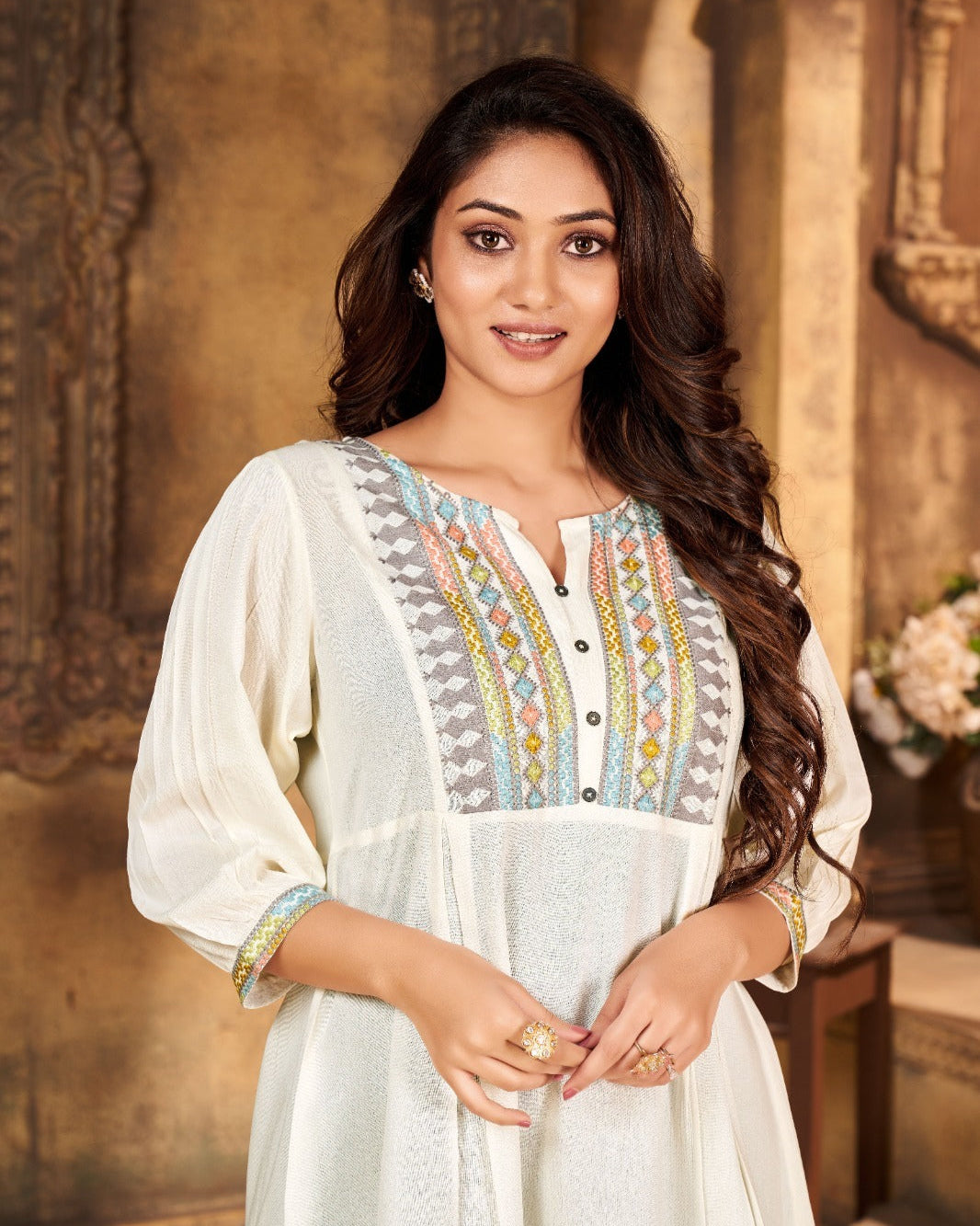 Cream Round Neck With V Cut Tunic Top Trooking