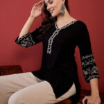 Black V Neck Embroidered Tunic Top