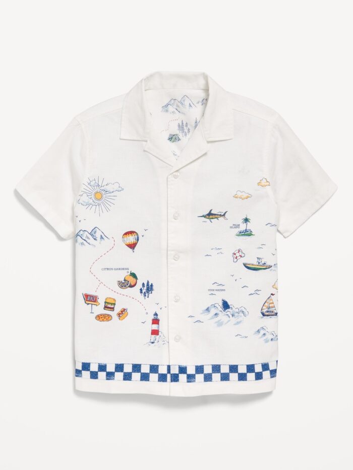 White Printed Short-Sleeve Linen-Blend Shirt for Boys