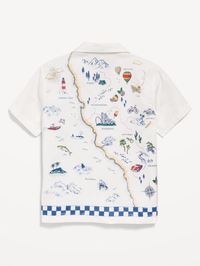 White Printed Short-Sleeve Linen-Blend Shirt for Boys