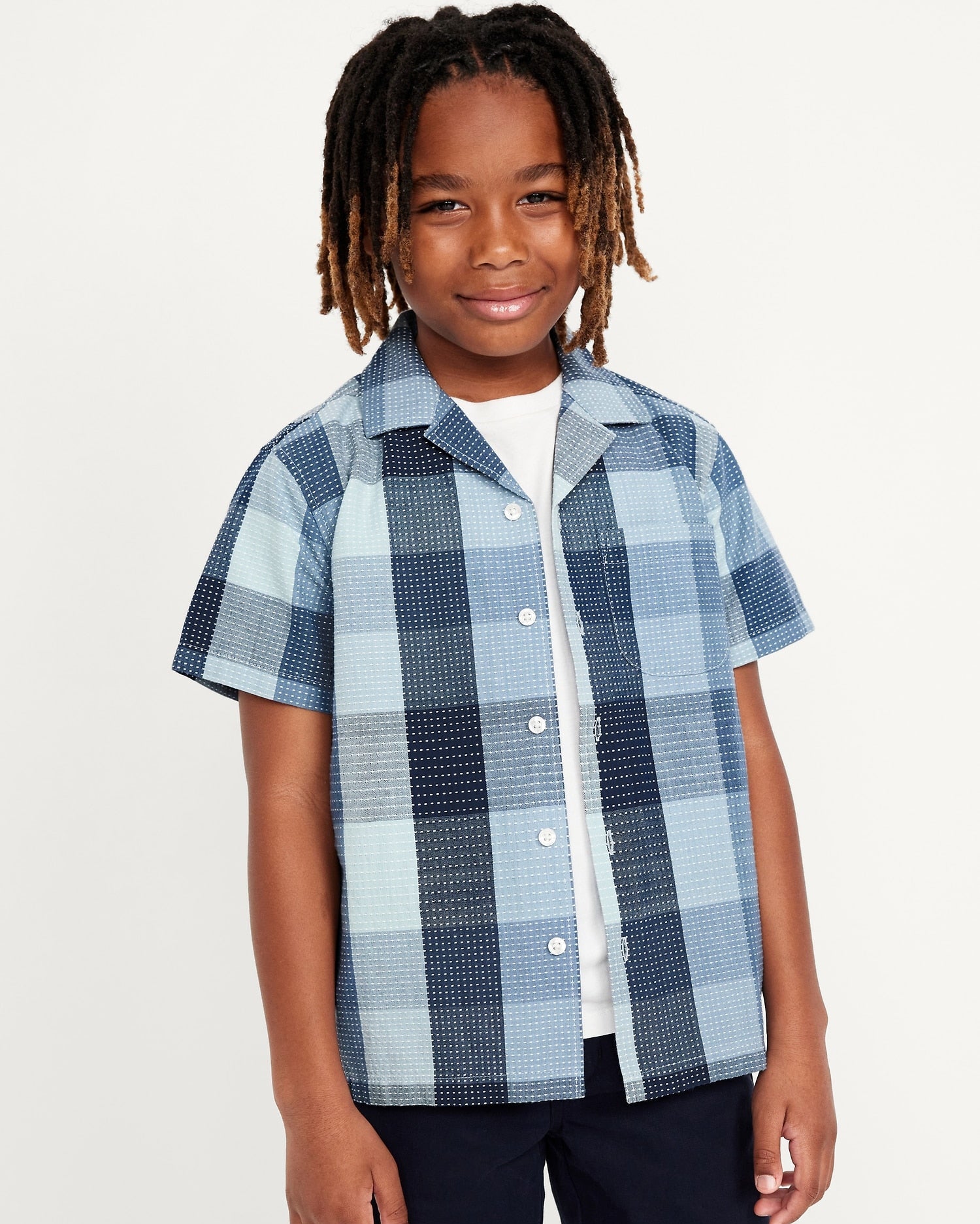 Blue Paid Short-Sleeve Textured-Dobby Pocket Shirt for Boys