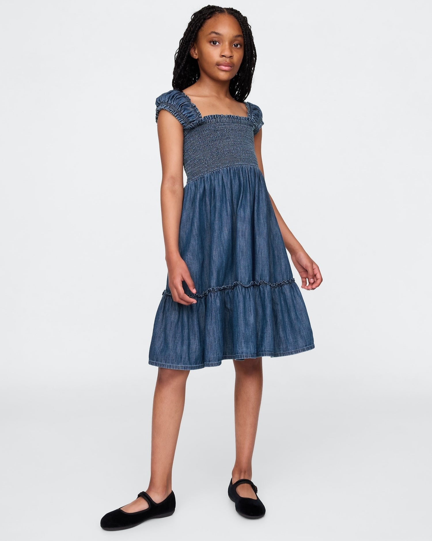 kid's Blue Denim  Sleeve Less Tiered Dress