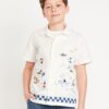 White Printed Short-Sleeve Linen-Blend Shirt for Boys