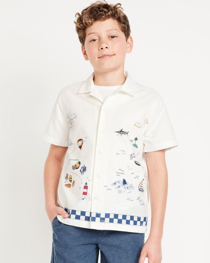 White Printed Short-Sleeve Linen-Blend Shirt for Boys