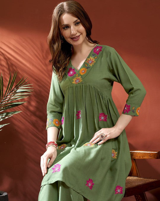 green floral embroidered co-ord set for women