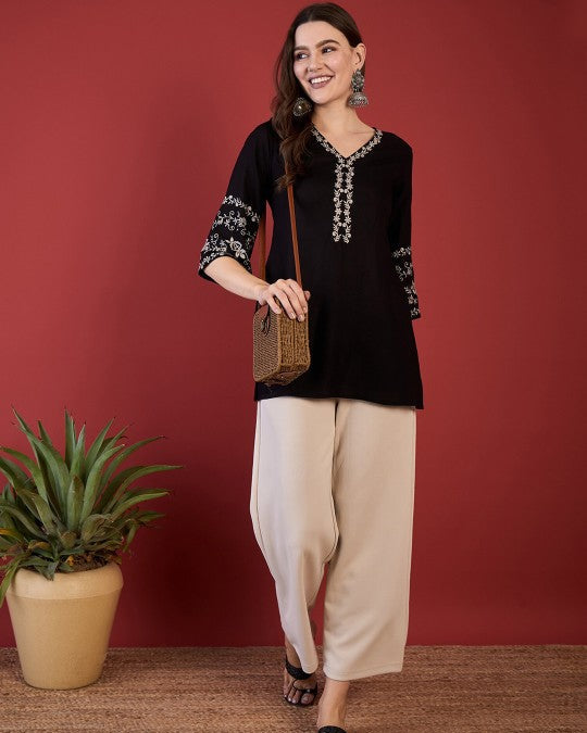 Black V Neck Embroidered Tunic Top