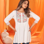 Cream Round Neck With V Cut Tunic Top Trooking