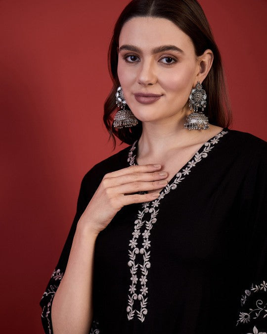 Black V Neck Embroidered Tunic Top