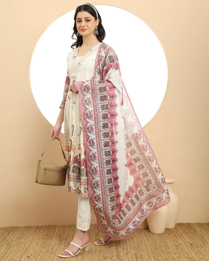 Off White V Neck A Line kurta Set