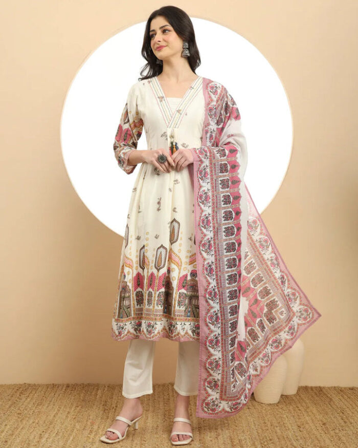 Off White V Neck A Line kurta Set