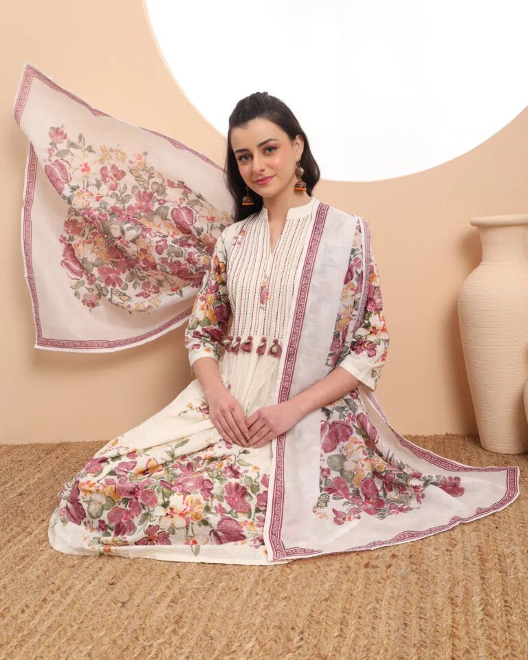 Pink Fusion With White-Tassel Work Malchanderi 3 Pcs Kurta Set