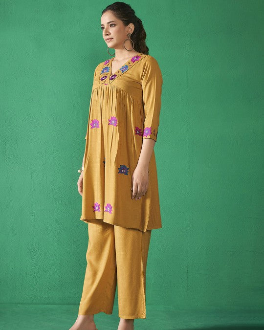 Yellow floral embroidered co-ord set for women