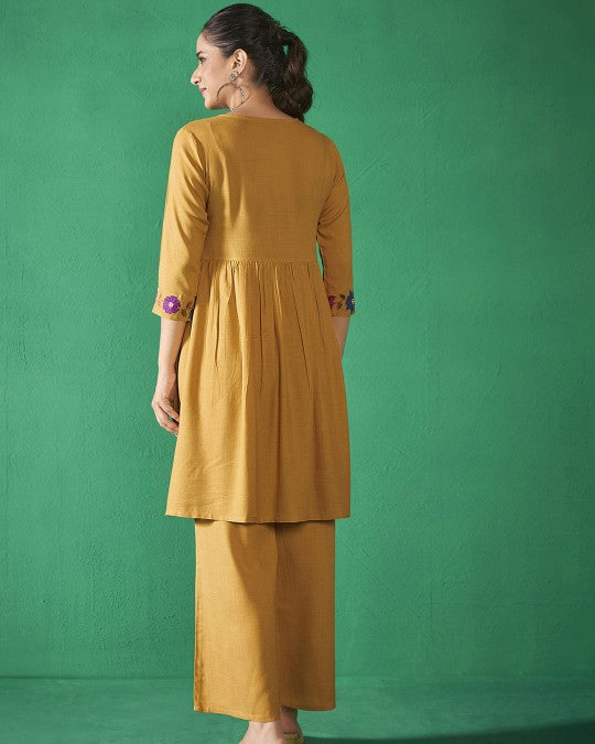 Yellow floral embroidered co-ord set for women